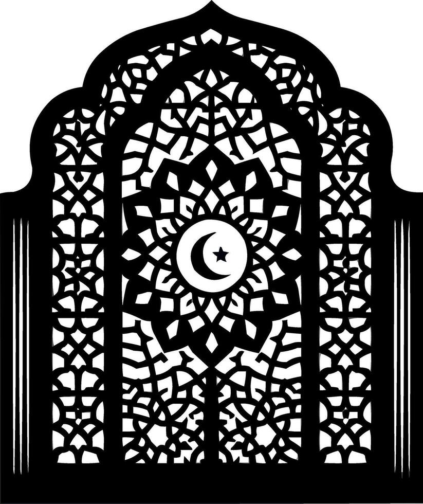 an islamic window with a crescent and star vector