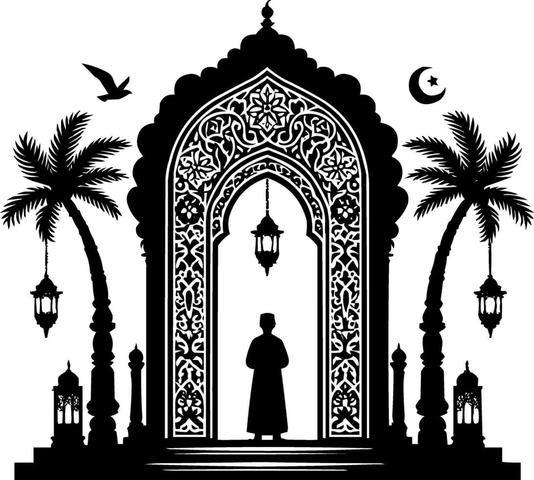 islamic arabic arch with man and palm trees vector