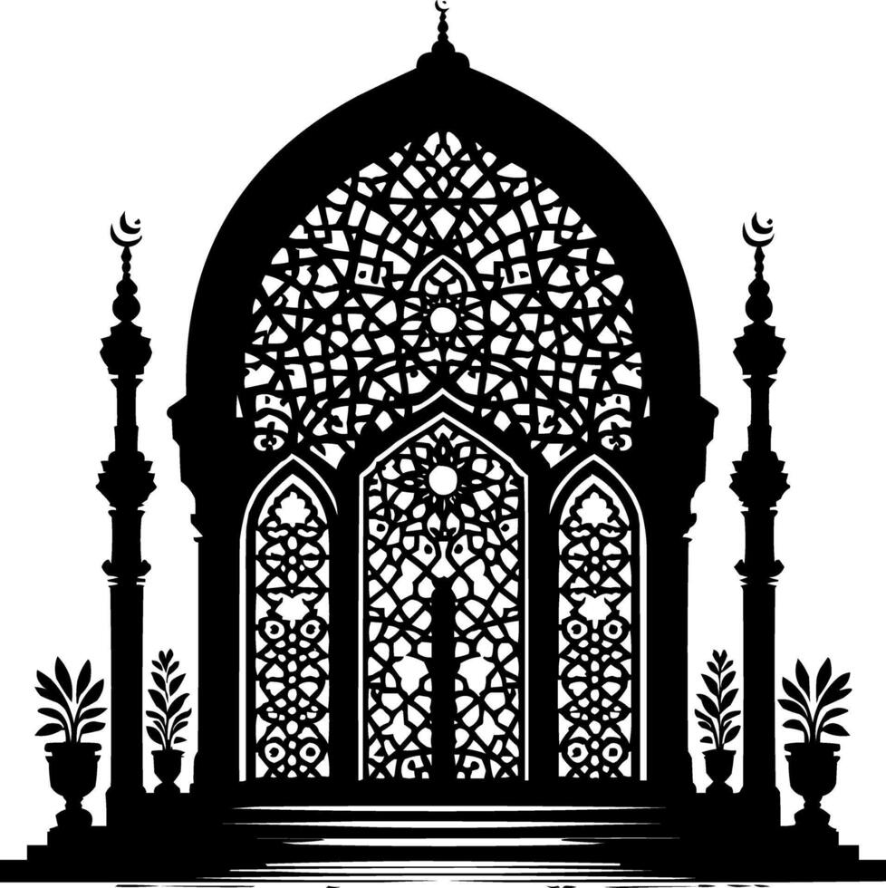 an islamic arch with a mosque in the background vector