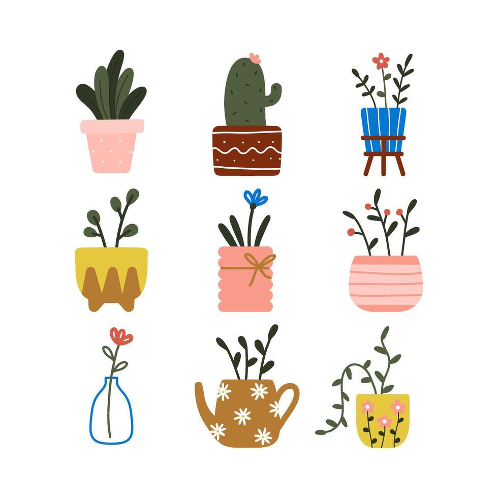 Hand-drawn collection of potted plants, including succulents, cacti, and flowers in colorful, whimsical pots, perfect for decorative use. vector