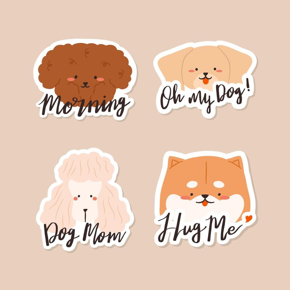 Dogs breeds golden retriever, shiba inu, Toy puppy and Pink poodle with haircut styles dog Patches and stickers with morning, oh my dog, dog mom and hug me love hand lettering quote Word text vector