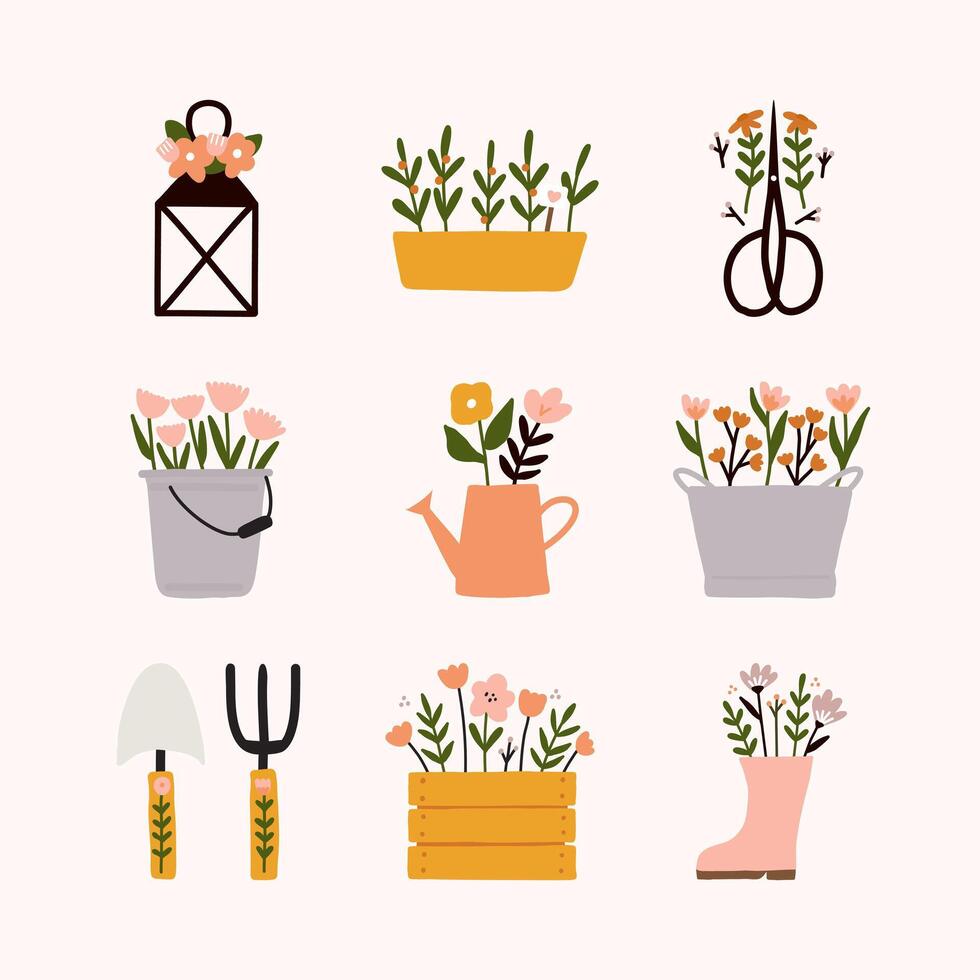 Spring collection with different garden elements cute floral lantern, pot, scissors, bucket shop, watering can, vintage bucket, spade, pitchfork, Wooden box, rain boot and flowers illustration. vector