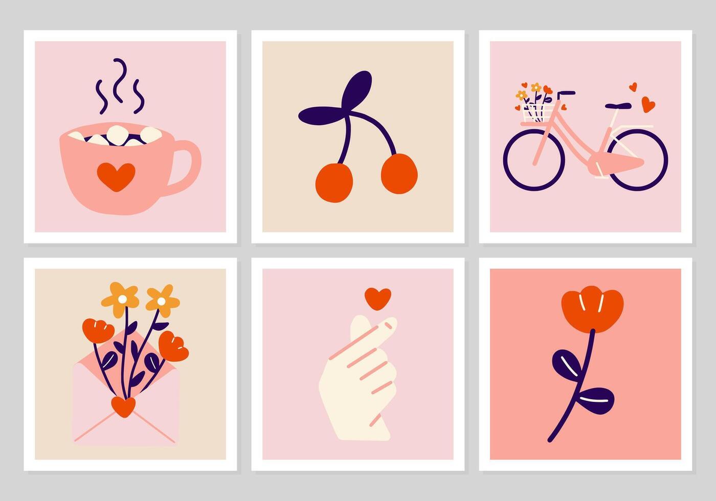 Set of Valentine's day cute greeting cards templates print. Hand drawn Wedding Bicycles, Love bottle jar, Red flowers, Korean Finger heart, envelope, Hot Cocoa chocolate and Cherry illustration. vector