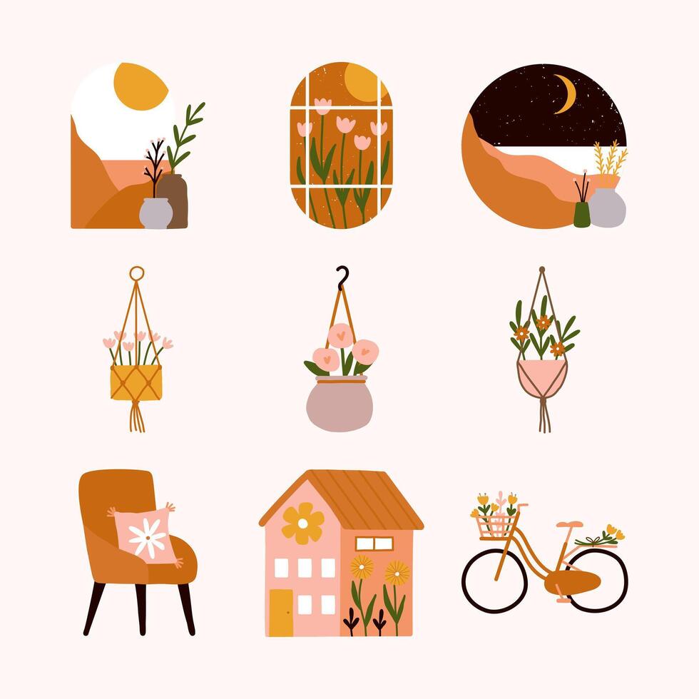 Bohemian collection abstract aesthetic interior apartment window scenery mountains desert arches sunset sun and moon, Scandinavian hanging plant pots, comfy armchairs, Floral house and Bicycle flower. vector