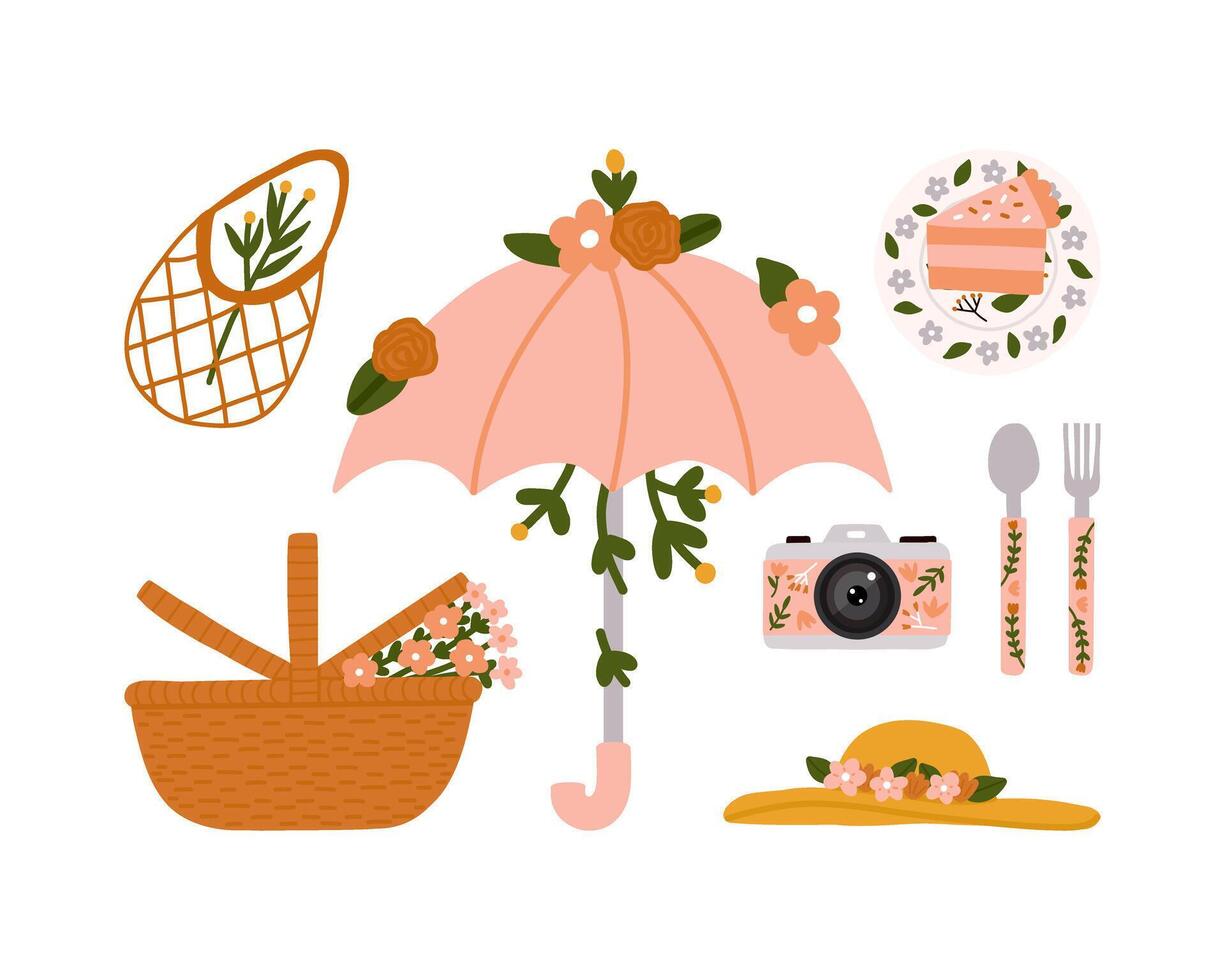 Set Hand drawn Flowers Summer Spring Picnic with umbrella, reusable shopping bag mesh, picnic basket, cute camera, straw hat, plate, cake spoon and fork elements flat illustration. vector