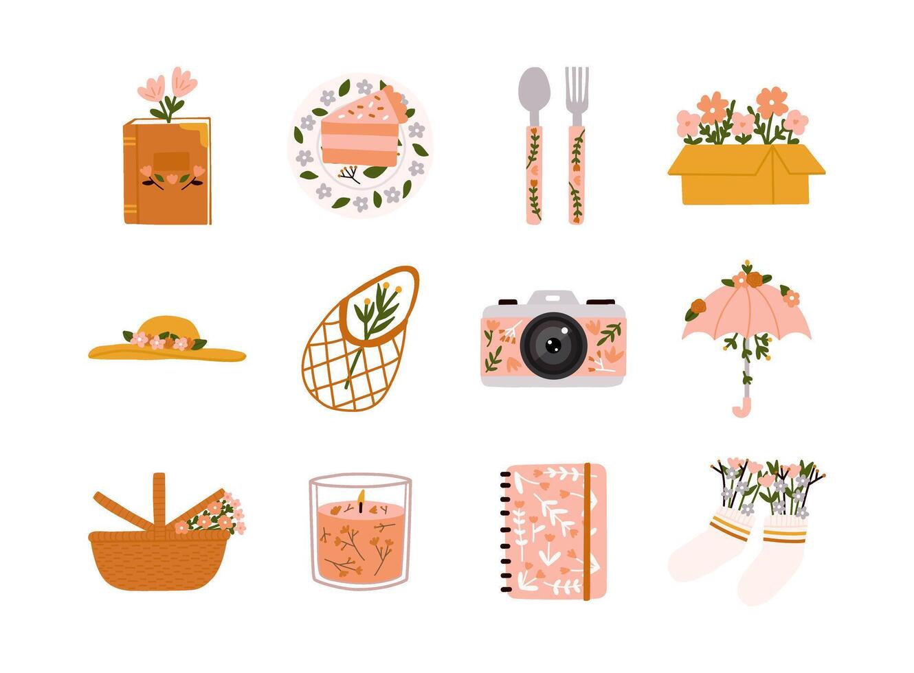 Spring or summer with seasonal elements collection. Book, cake, spoon, fork, box, hat, bag, camera, umbrella, picnic basket, candle, notebook and socks. vector