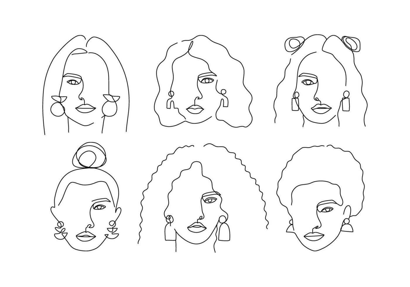 Set woman head continuous one line art faces drawing minimal shapes illustration vector