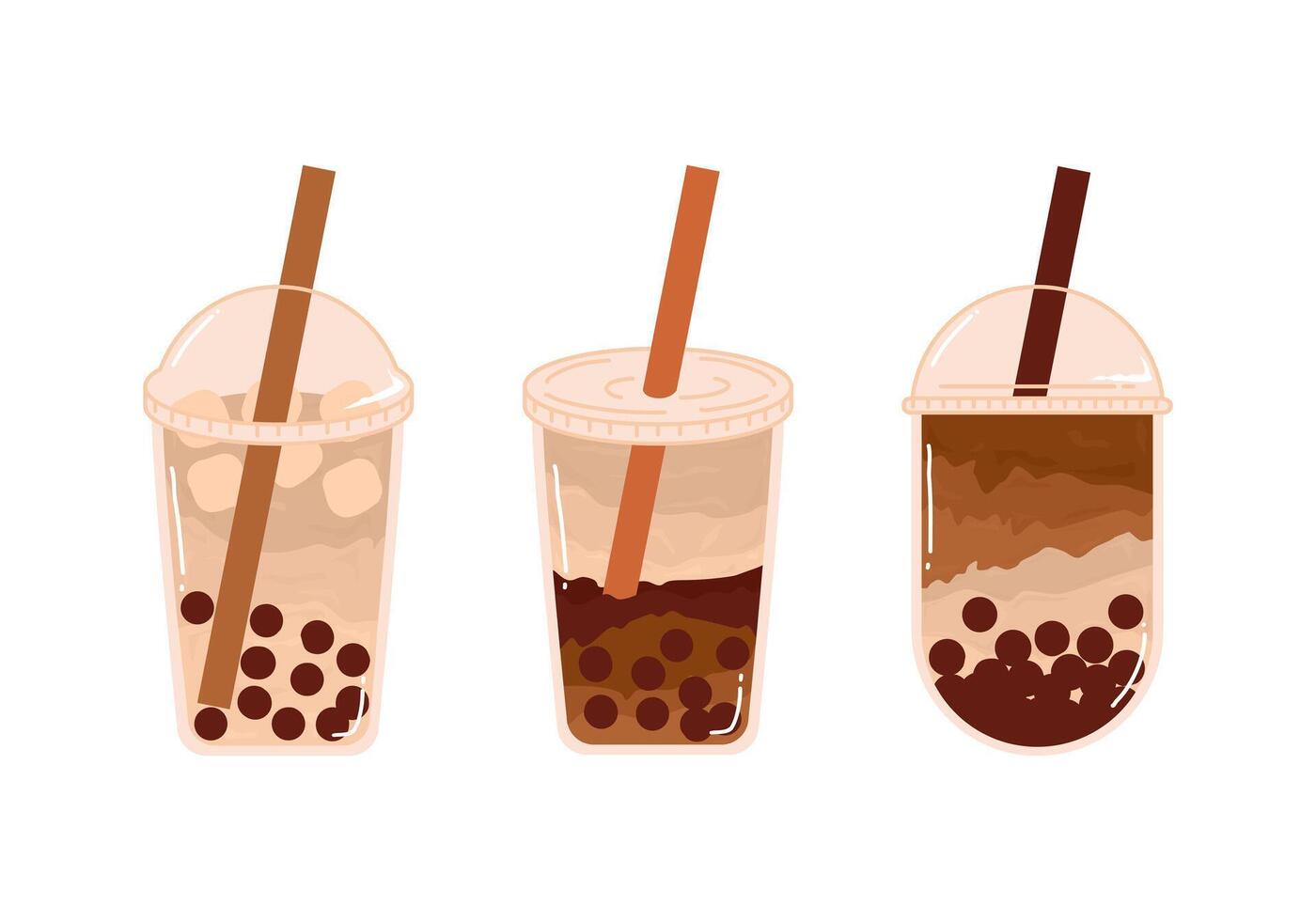 Set famous beverages Taiwan pearl brown sugar bubble milk tea drinks and bubble with different flavor and cup vector