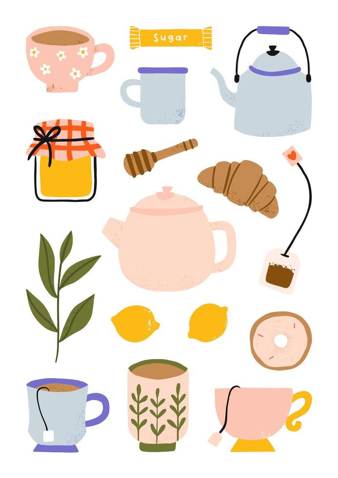 tea elements with teacup, teapot, honey, lemon and croissant collection vector