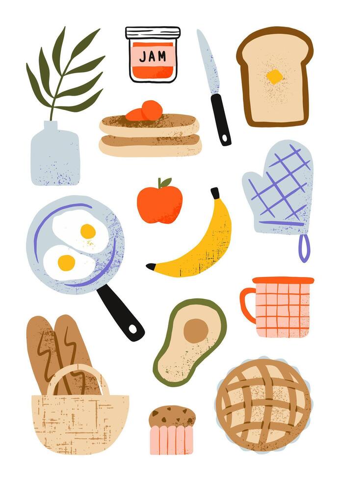 Hand drawn breakfast food elements with fried egg, bread, fruit, pie, cupcake and pancakes cartoon illustration vector