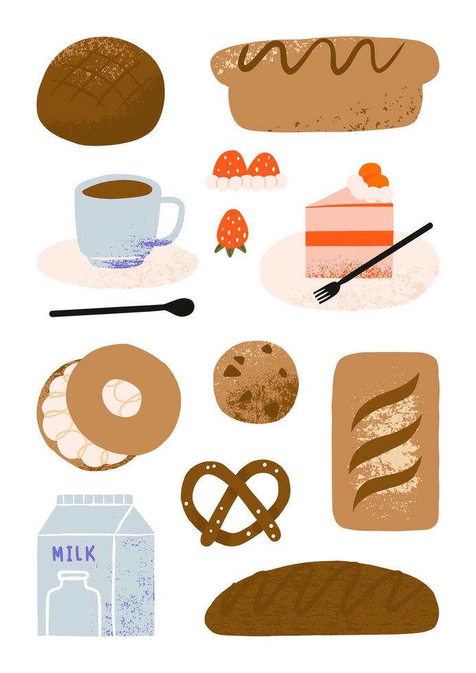 Set of cute hand drawn bread products, cake and coffee shop elements, cafe bakery and pastry cartoon art illustration vector