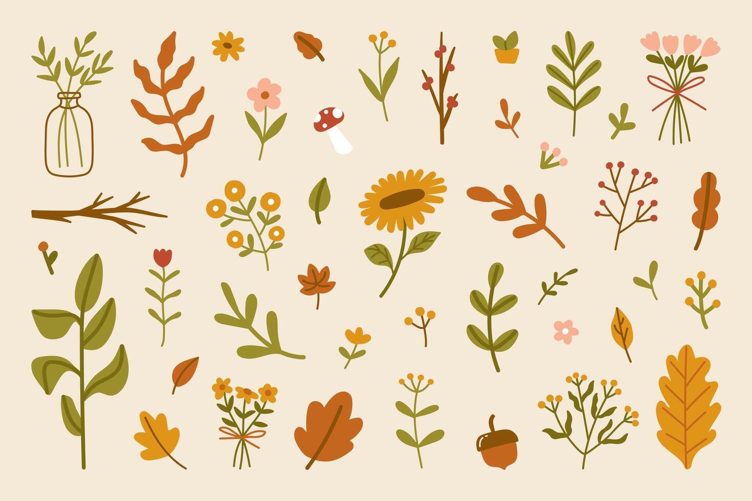 Hand drawn autumn leaves and flowers abstract decorative seasonal autumnal elements collection vector