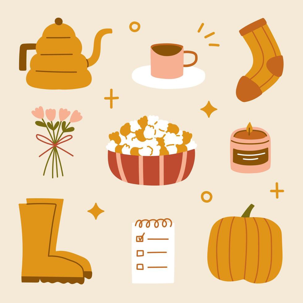 Hand drawn hygge autumn home cozy elements Scandinavian style mocha pot coffee socks bouquet popcorn note boots and pumpkin stickers vector