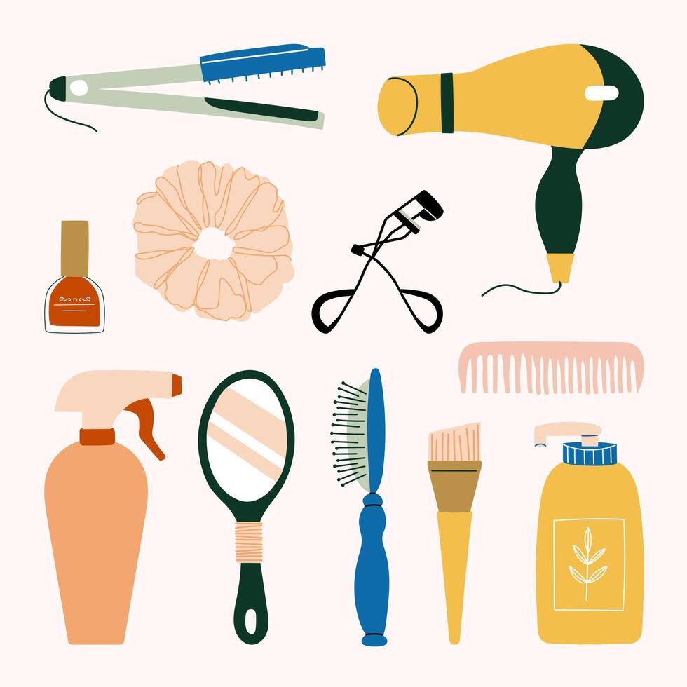 Set of hairdressing tools, manicure, makeup and cosmetic beauty products. Hair flat iron, hairdryer, comb, shampoo, hand mirror, brush, spray, eyelash curler, scrunchies and nail polish illustration. vector