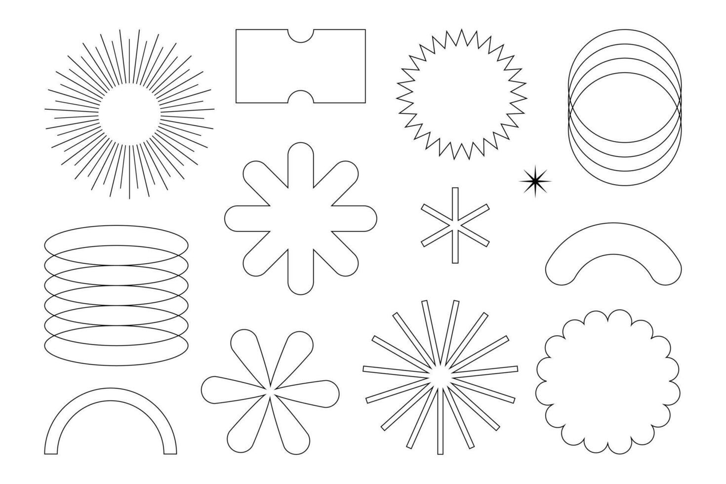 Monoline trendy retro abstract sun ray circles flower arch pattern frames sparkle minimal elements vector