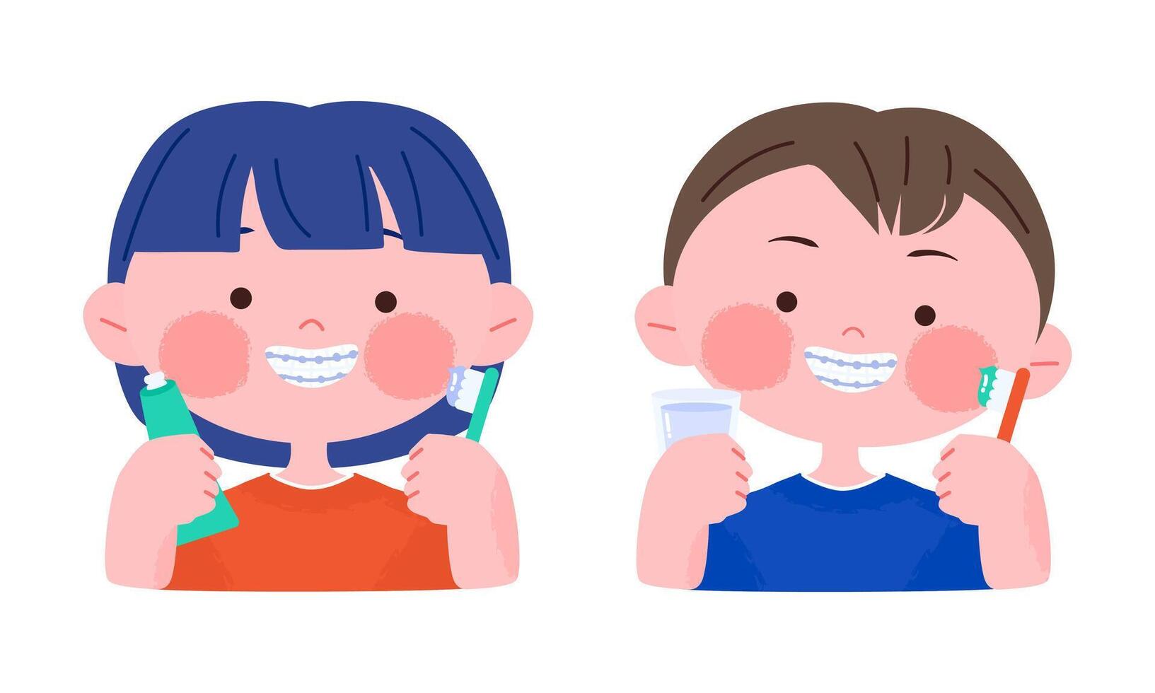 Happy smiling little boy and girl with dental braces holding Toothbrush. Hand drawn cute cartoon character portrait illustration vector
