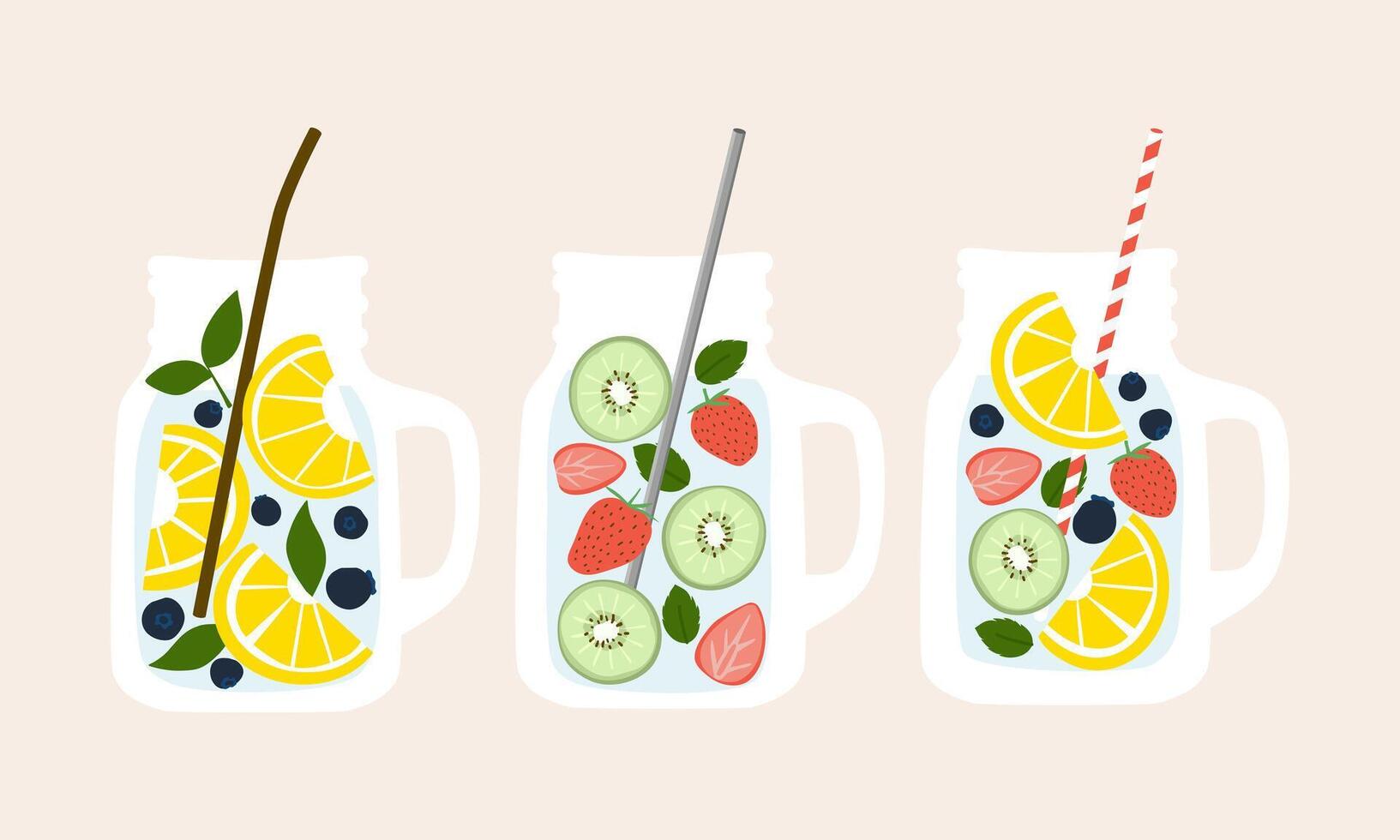 Fruit infused water in mason jar mugs with variety straws elements collection Illustration web. Fruits and vegetables in a water for Detox and refreshment drink. vector