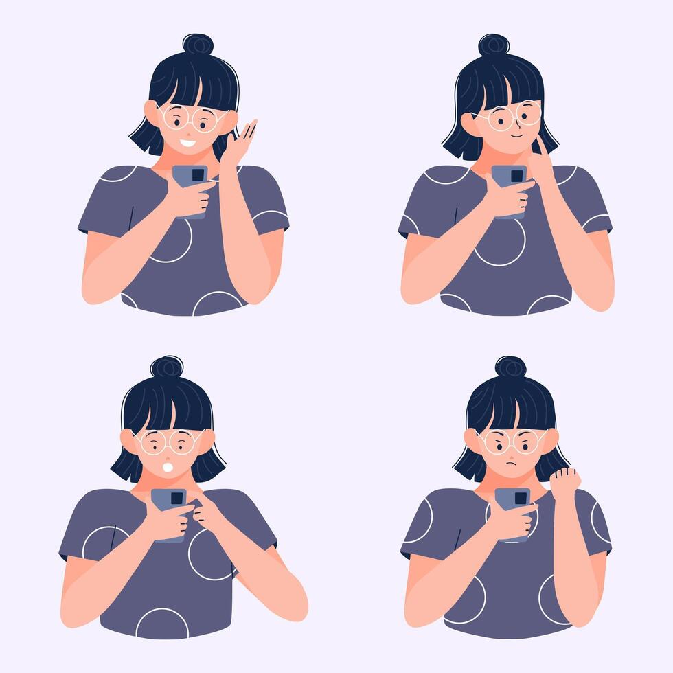 Young Female reads message on smartphone with different expression, emotions and reaction to information when using mobile phone illustration. vector