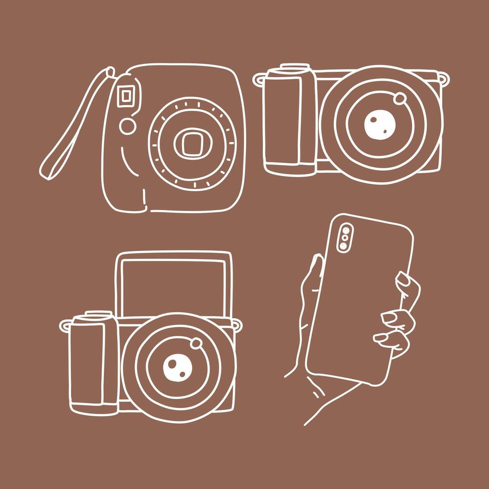 Set of camera photography, instant camera, phone and mirrorless hand drawn doodle Elements illustration vector