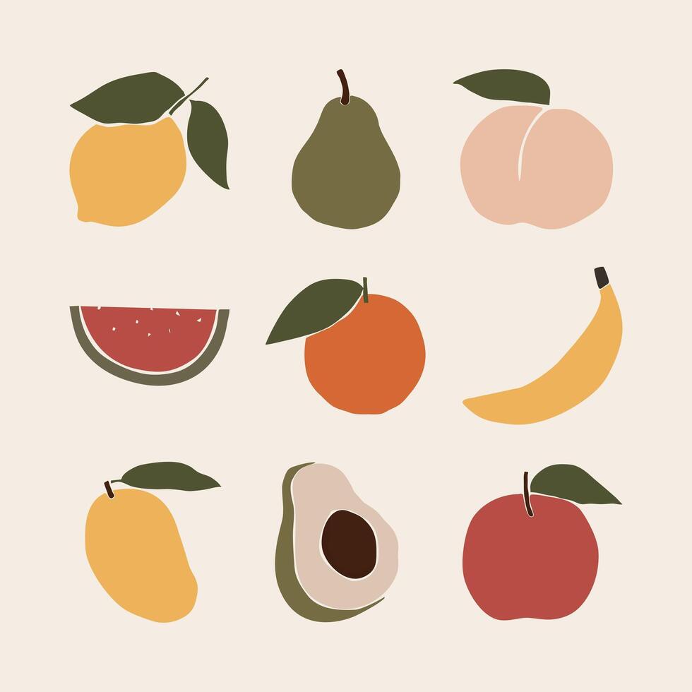 Abstract Fruit shapes art print elements. Minimalist Lemon, pear, peach, watermelon, orange, banana, mango, avocado and apple illustration. vector