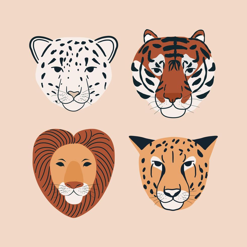set of jungle animal portrait snow leopard, tiger, lion and cheetah head face. Hand drawn illustration vector