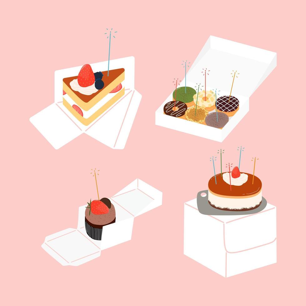 Birthday cake, cake slice, doughnuts, cupcake with packaging box. Hand drawn illustration. vector