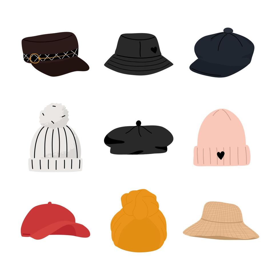 Set of modern female hats and headgears elements. Hand drawn illustration vector
