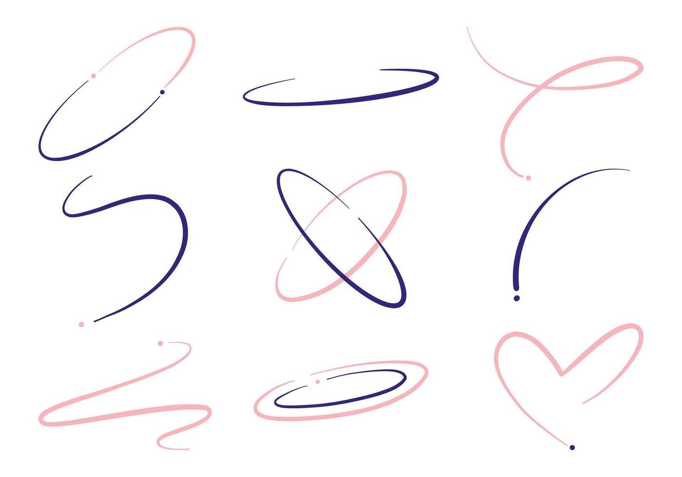 Abstract Line and Loop Decorative Collection. A collection of 9 unique abstract line and loop designs featuring curves, ovals, dots, and flowing shapes, ideal for creative projects vector