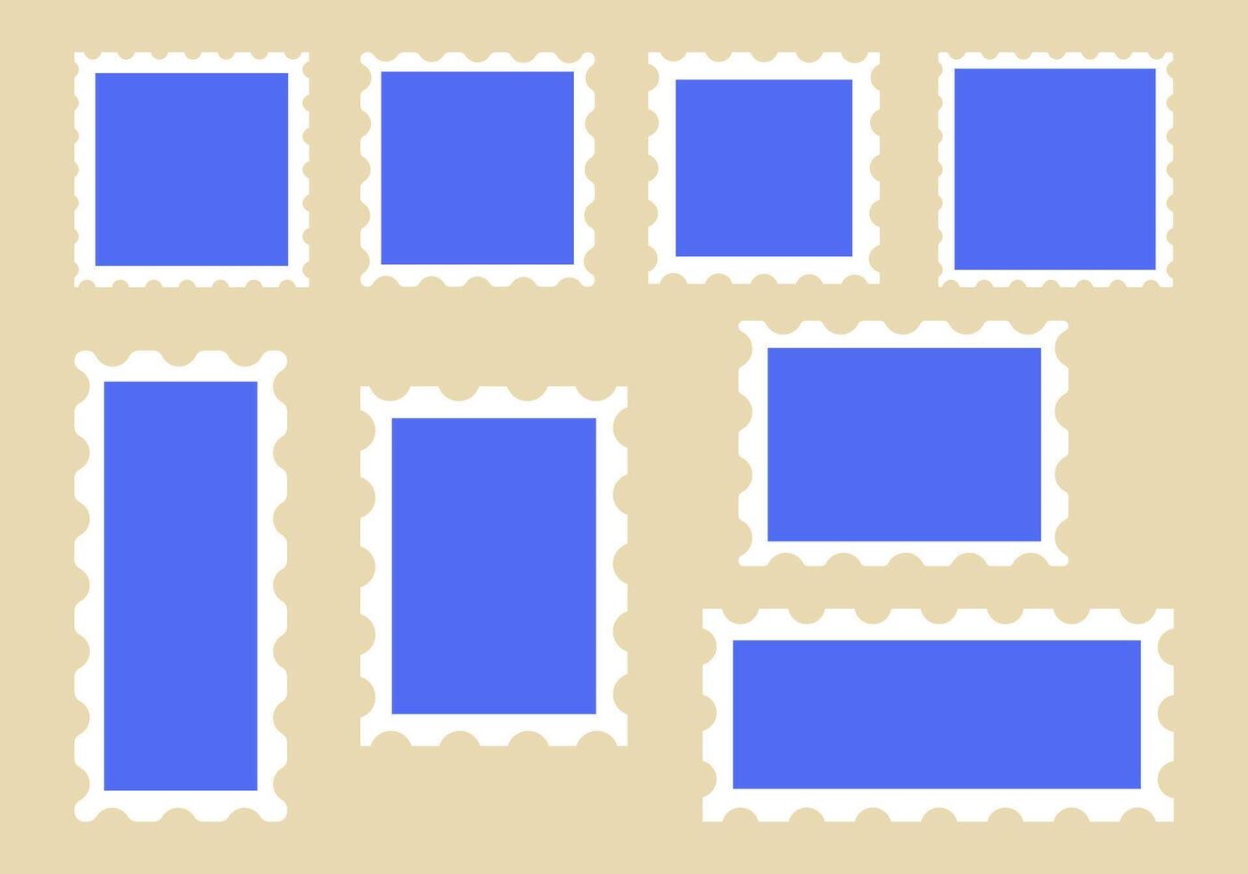 Blue Stamp Collection with Wavy White Border. A collection of 8 modern blue stamps featuring wavy white borders in various shapes, perfect for decorative and postal-themed projects vector