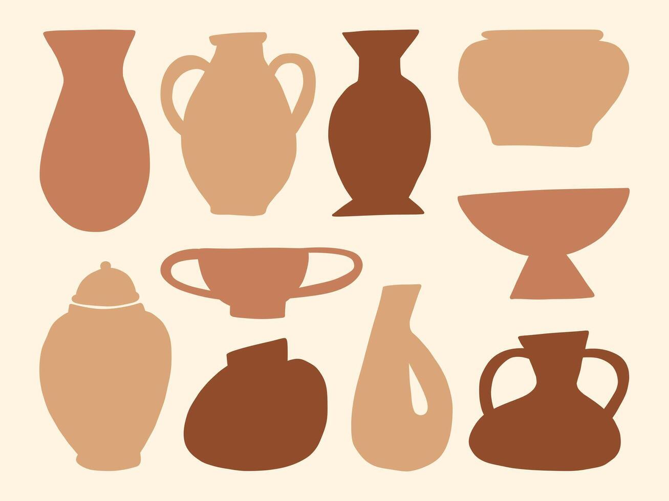 Earthenware Pottery Icon Rustic Style. A collection of minimalist pottery illustrations featuring vases, bowls, and jars in earthy tones, perfect for decor and design projects vector