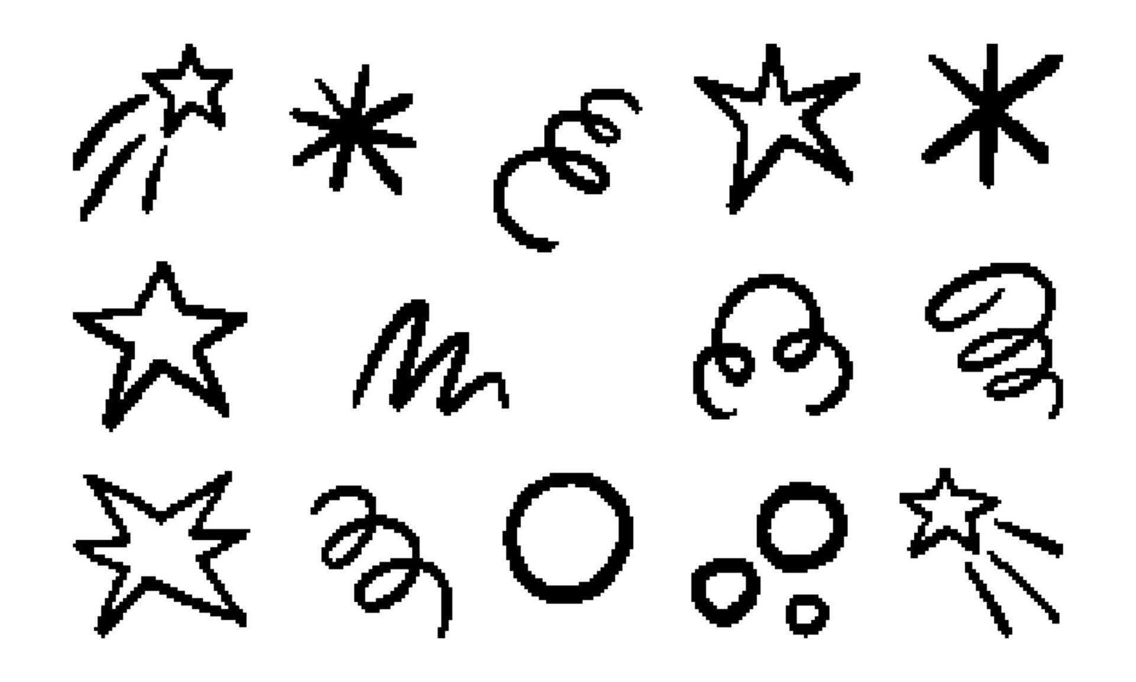 Pixel icon collection of stars and spirals. A collection of 14 pixelated icons featuring spirals, stars, comets, and abstract designs, ideal for gaming, retro, and celestial art projects vector