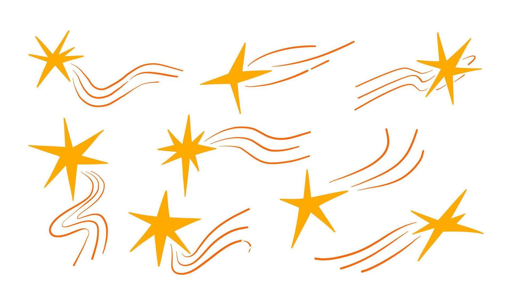 Celestial Shooting Star Collection with Trail. A collection of 8 shooting stars featuring vibrant orange trails and dynamic designs, perfect for celestial-themed projects vector