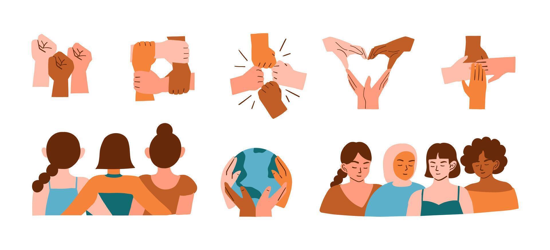 Harmony Between Cultures and Races. A collection of 8 hand-drawn elements symbolizing global harmony, peace, unity, and coexistence between diverse cultures and races vector