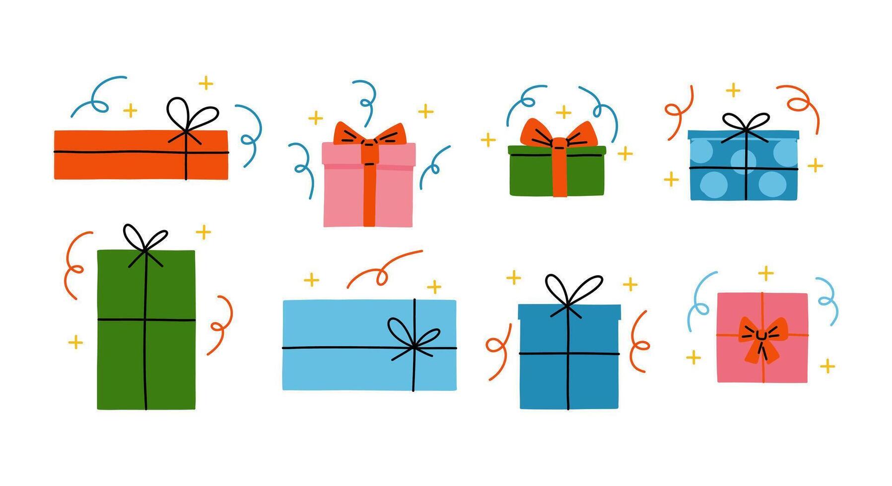Variety of Festive Gift Boxes Collection. A set of 8 unique, stylish gift boxes with various ribbons and bows, perfect for holiday events, sales, and celebratory themes vector