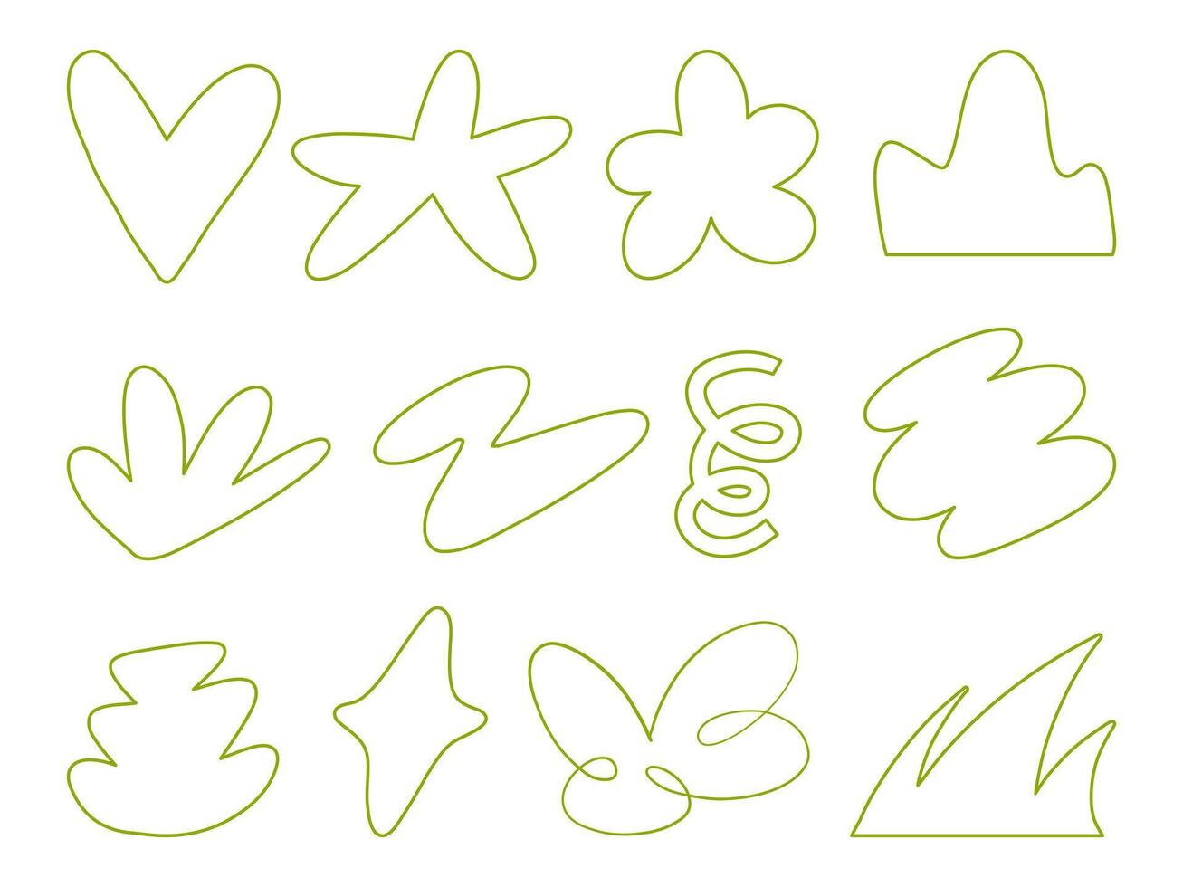 Abstract lined shapes inspired by modern art. A collection of 12 abstract lined icons, including blobs, leaves, stars, and more, ideal for graphic projects and creative designs vector