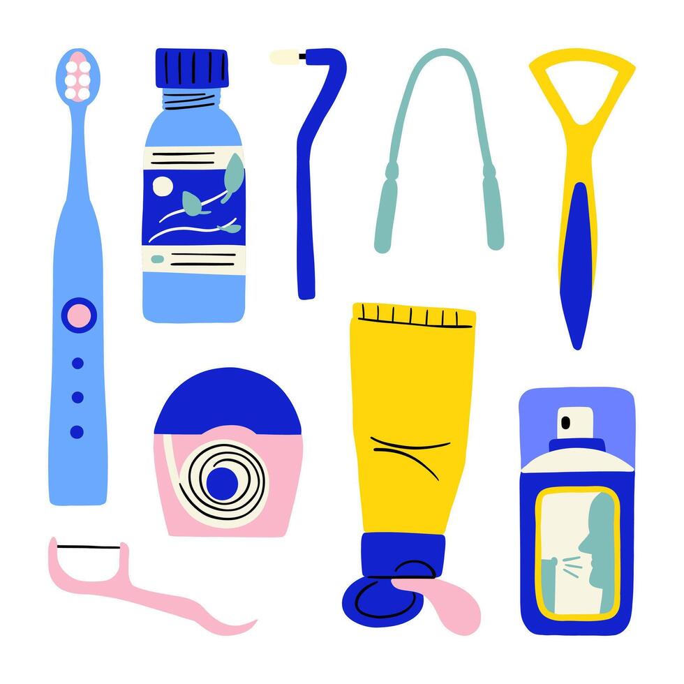 Essential Dental Care Tools Collection. Illustrations of essential dental care items including toothbrush, toothpaste, and mouthwash. Perfect for health and hygiene-themed projects vector