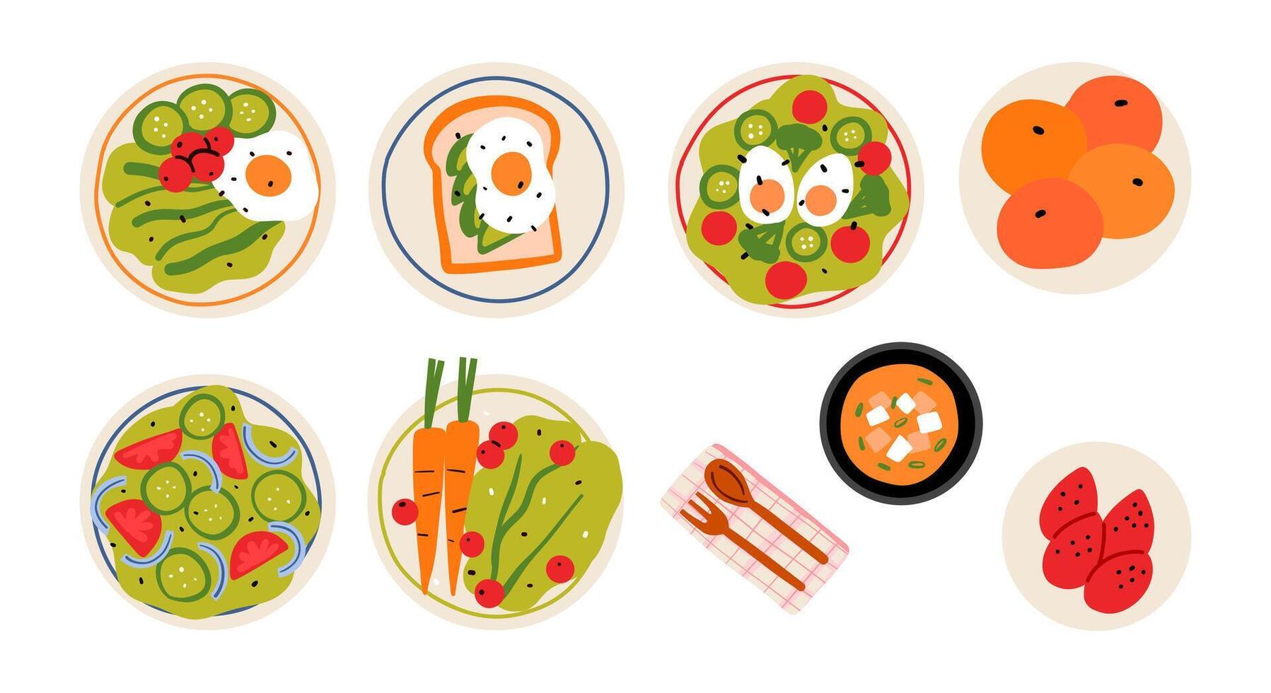 Assorted Healthy Food Plates and Bowls. A collection of nine colorful food items including salads fruits soup and utensils perfect for promoting healthy eating vector