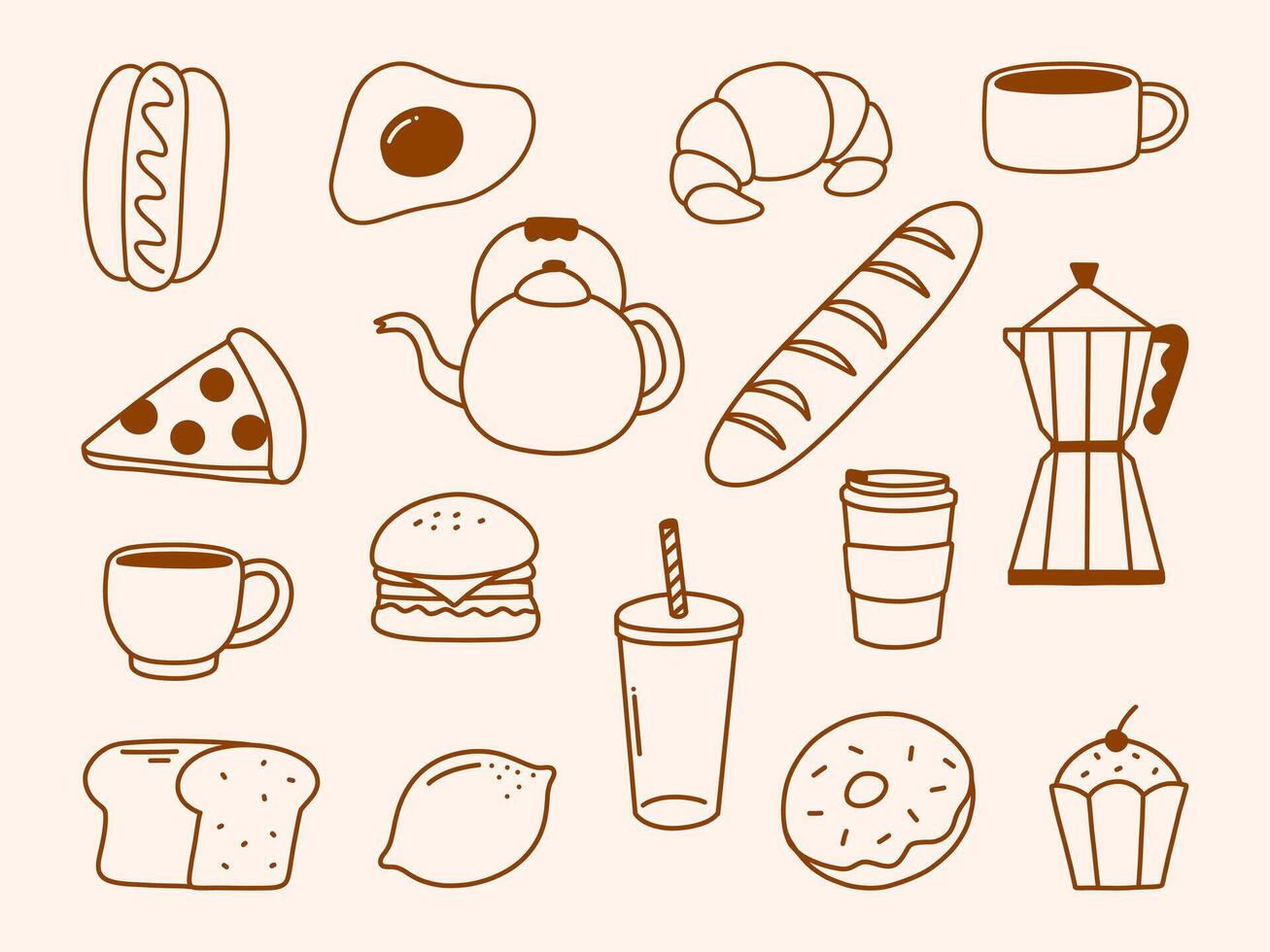 Minimalist Food and Drink Outline Icons Set. A set of 15 hand-drawn food and drink icons in outline style, including coffee, bread, and desserts. Perfect for menus, branding, and digital projects vector