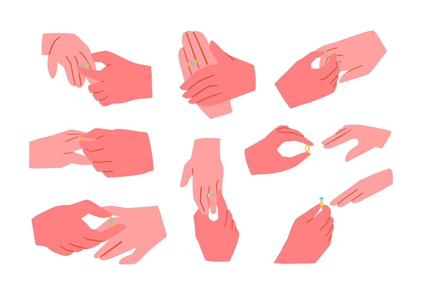 Proposal Ring Exchange Illustration Set. A set of 8 modern, flat style illustrations capturing the intimate moment of a ring exchange between couples. Perfect for romantic, commitment, and proposals vector