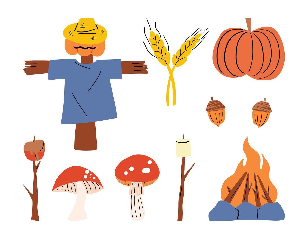 Autumn Harvest Elements Collection. A cozy set of autumn elements including pumpkins, scarecrows, acorns, mushrooms, campfires, and more for seasonal designs vector