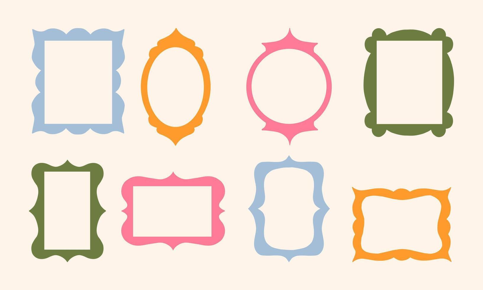 Colorful Decorative Frame Scalloped Design. A collection of 8 vibrant frames featuring scalloped, curved, and pointed accents, perfect for creative and stylish visual themes vector