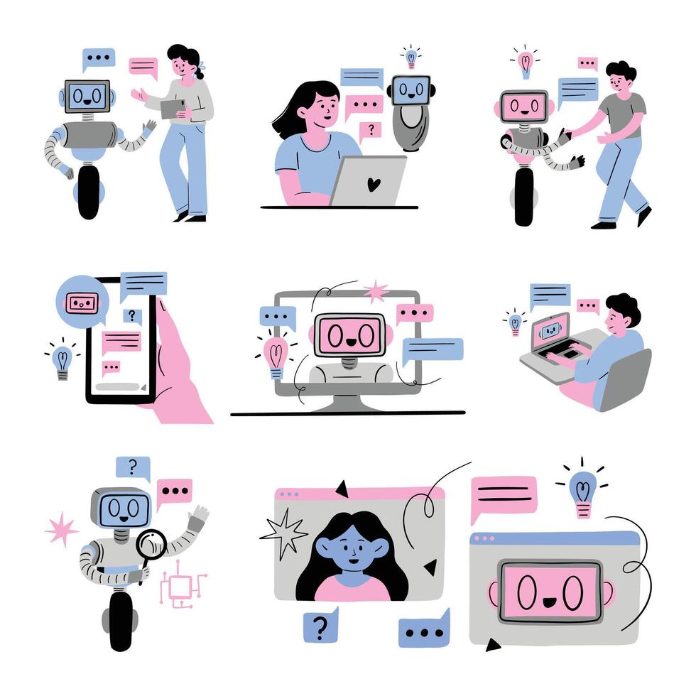 Futuristic AI and Human Collaboration Set. A collection of 8 illustrations showcasing human interaction with AI robots in various tech-assisted scenarios, highlighting innovation and teamwork vector