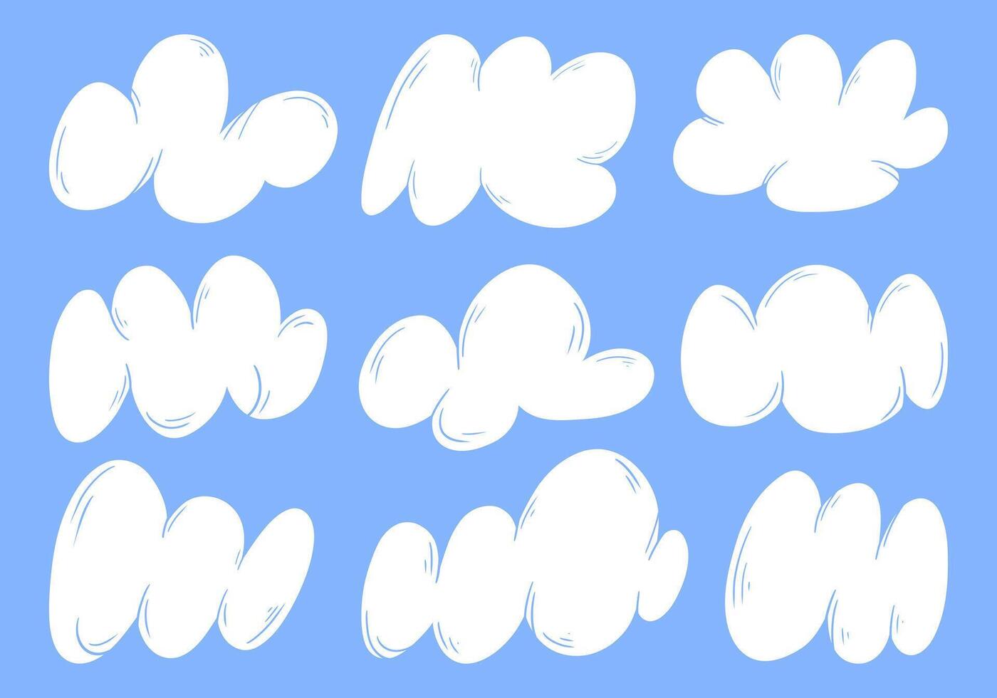 Hand Drawn Cartoon Cloud Shape Bundle. A collection of playful hand-drawn cartoon-style cloud shapes with smooth. These whimsical fluffy clouds are perfect for backgrounds, and creative designs vector