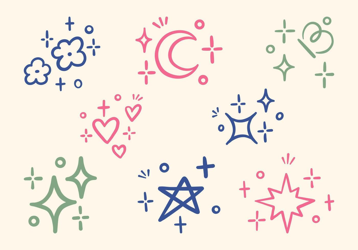 Hand Drawn Decorative Sparkle and Element. A collection of 8 unique hand-drawn line art elements including sparkles, stars, hearts, clouds, and a crescent moon for creative or decorative use vector