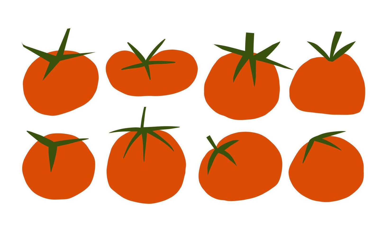 Hand Drawn Tomato Icon Set with Rustic Style. A collection of hand-drawn tomato illustrations with vibrant red tones and green stems, perfect for food-related projects and rustic designs vector