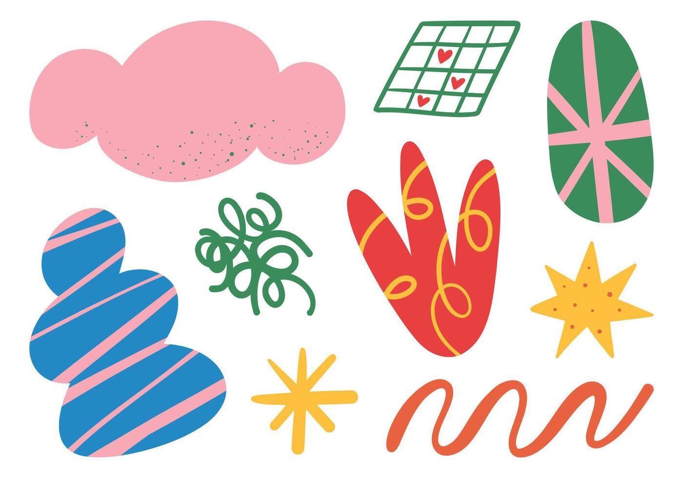Hand Drawn Abstract Decoration Set. A set of 9 hand-drawn abstract decorations, featuring various shapes and textures. Perfect for adding unique, whimsical accents to designs vector