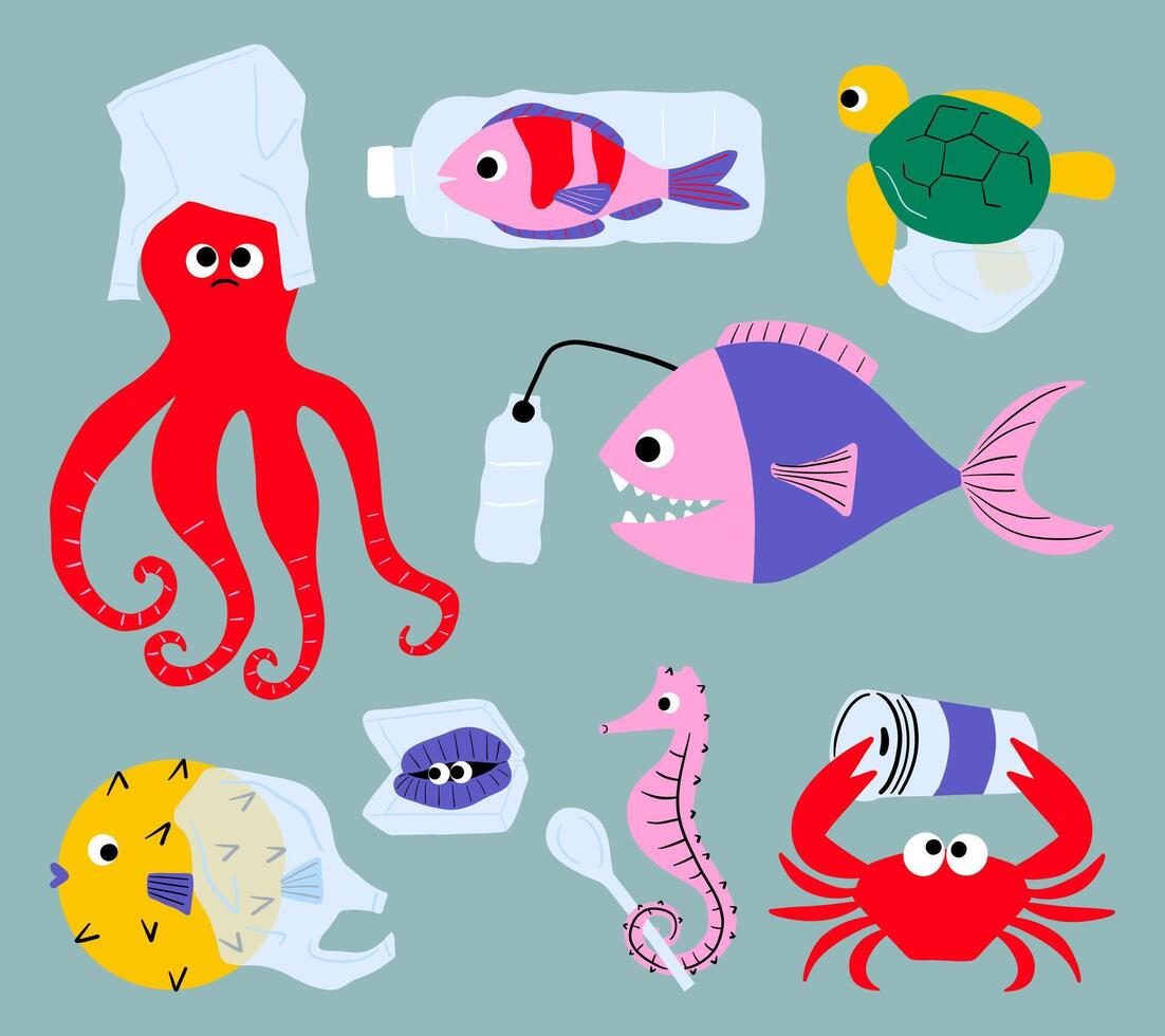 Marine Life Suffering from Plastic Pollution Set. A collection of marine creatures harmed by plastic pollution, highlighting the environmental crisis of ocean plastic waste vector