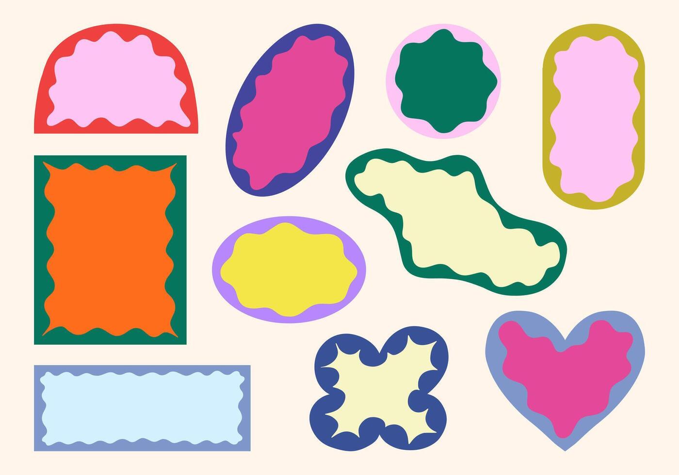 Retro sticker set with abstract wavy shapes. A collection of ten retro-inspired abstract sticker designs featuring wavy outlines and bold shapes, ideal for nostalgic layouts, branding, and digital art vector