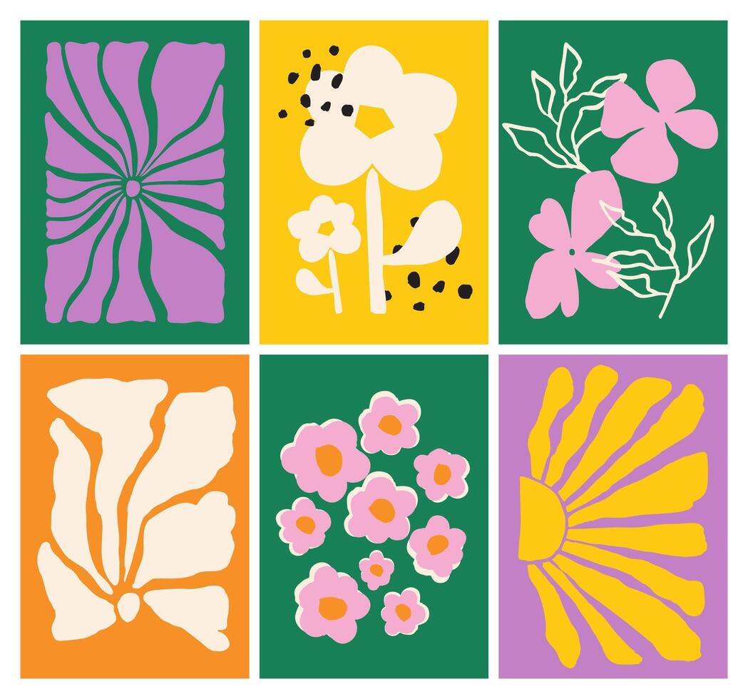 Abstract flower shape hand drawn poster set in modern, naive painting style with groovy and funky elements, ideal for interior decoration. vector