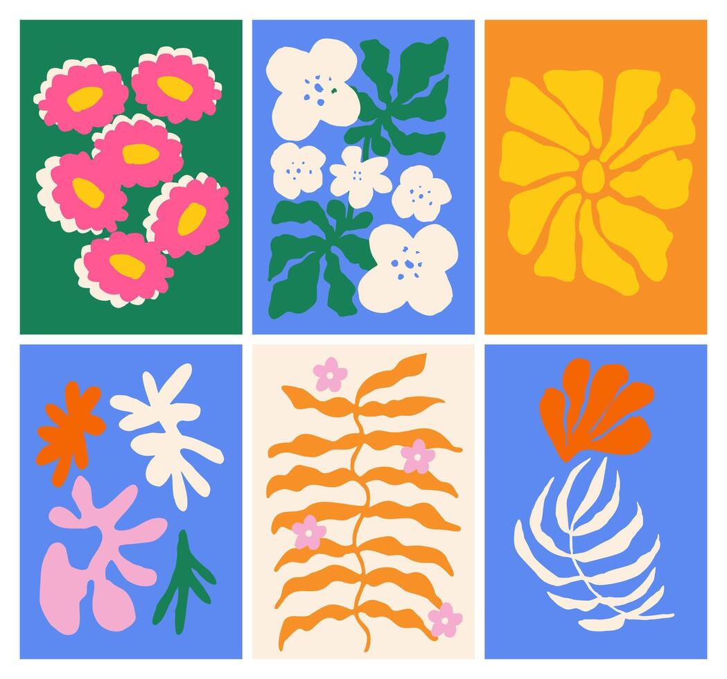 Abstract flower shape hand drawn poster set in modern, naive painting style with groovy and funky elements, perfect for interior decoration. vector